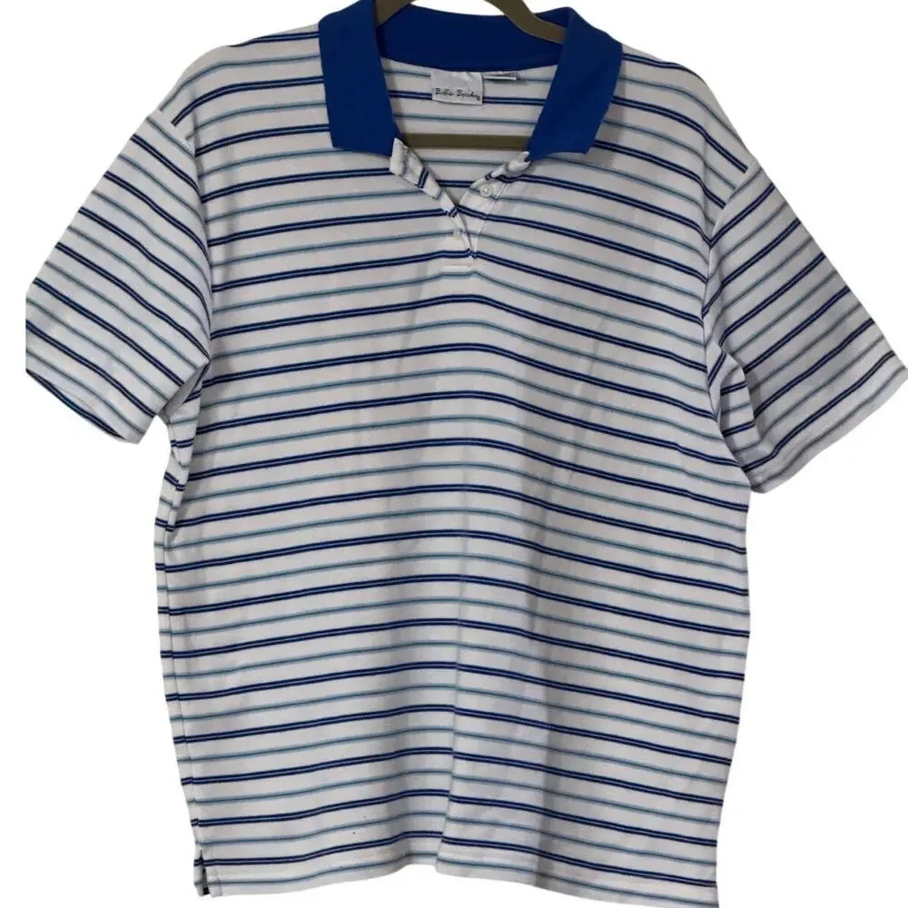 Bobbie Brooks Vintage Striped Polo Shirt Blue White Short Sleeve Womens L Top